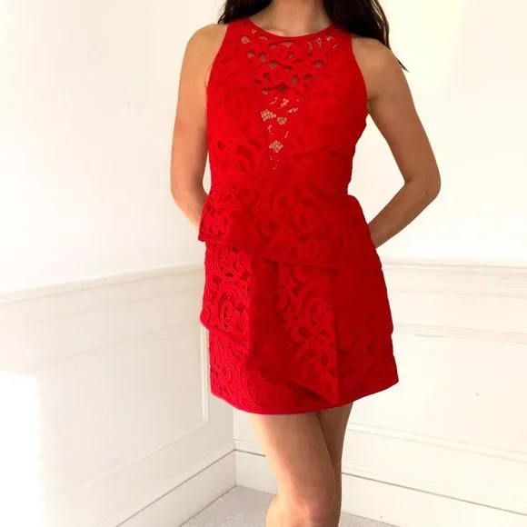 BCBGMaxAzria Dresses Bcbg Maxazria Red Lace Tiered Mini Dress
